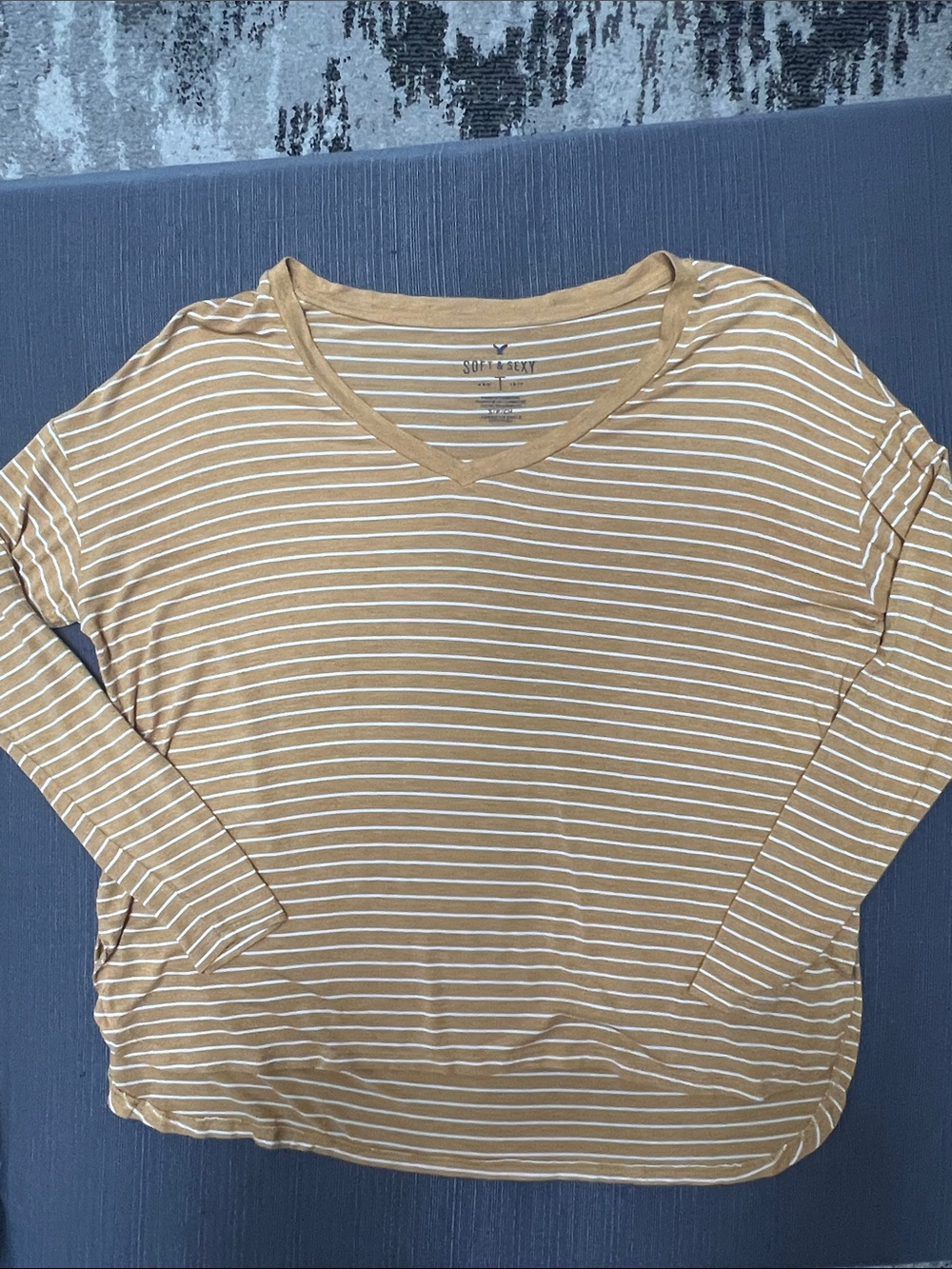 American Eagle Outfitters Mustard/White Striped V-Neck Long Sleeve Top~SZ S/P/CH